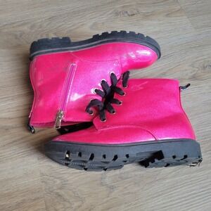 PANDANINJIA Girls Combat Boots 2 Pink Glitter Patent Leather Lug Sole Edgy